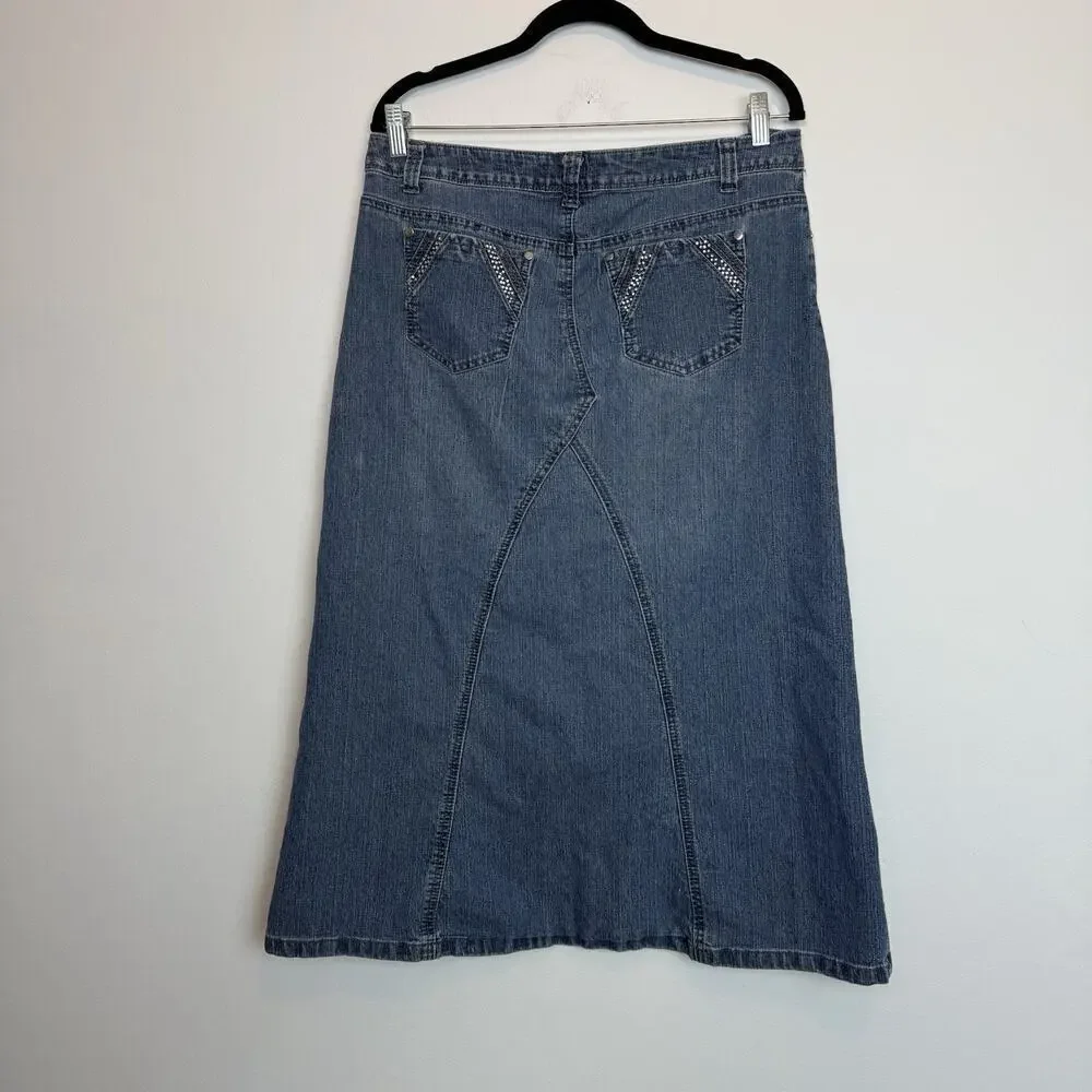 Vintage Cato y2k denim midi skirt studded embellishements sz 12 rocker grunge